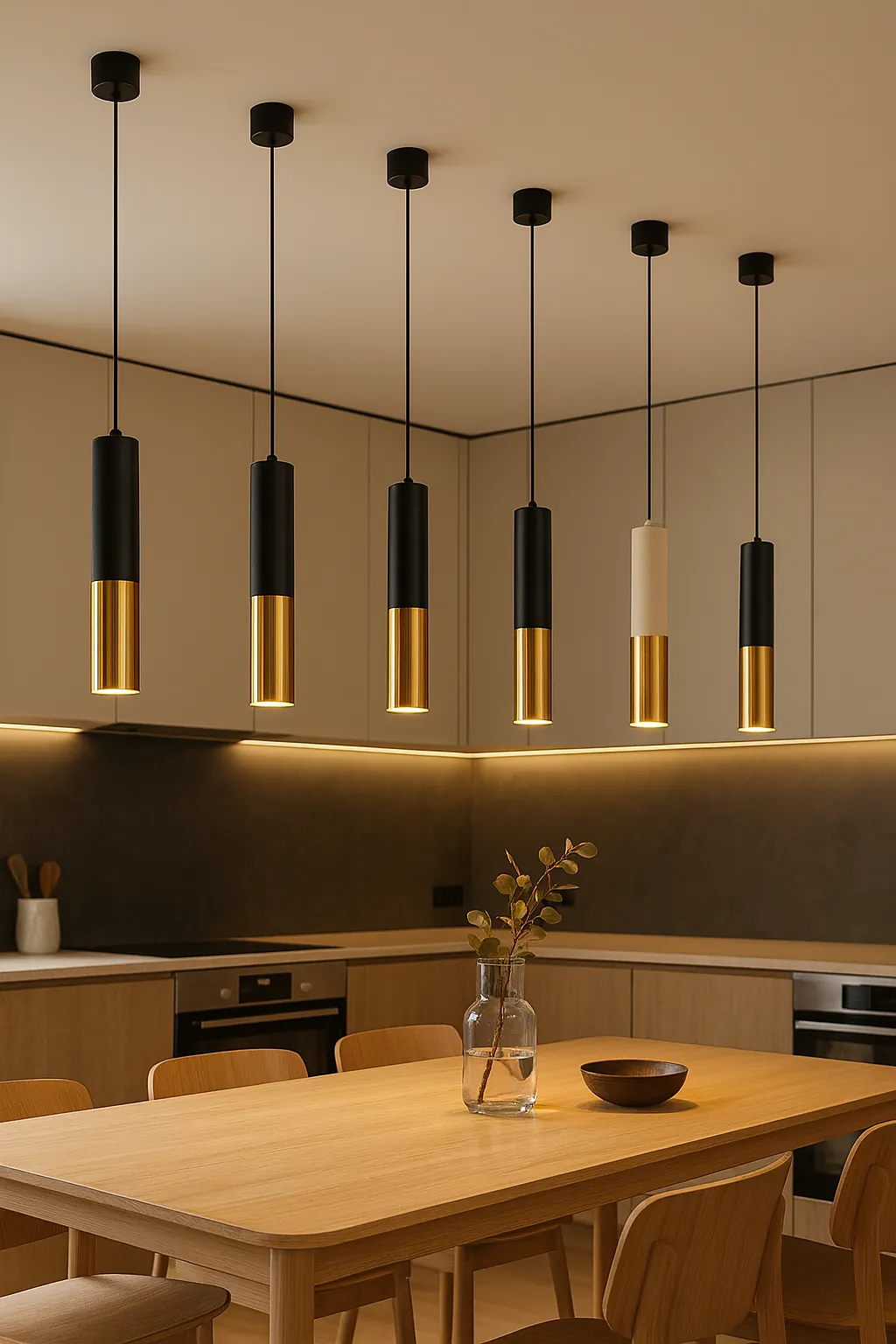 Black and brass cylinder pendants above a timber dining table