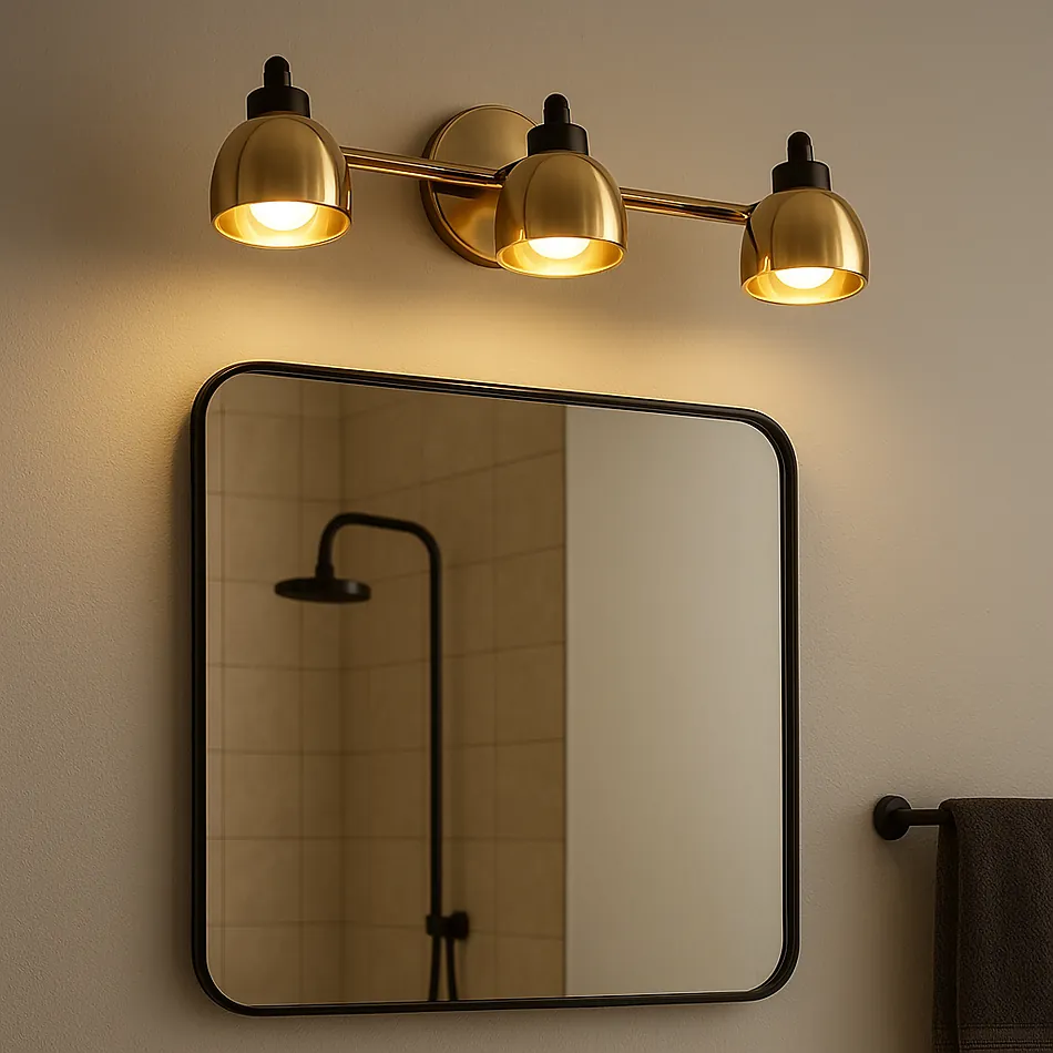 Brass three light vanity fixture above a bathroom mirror