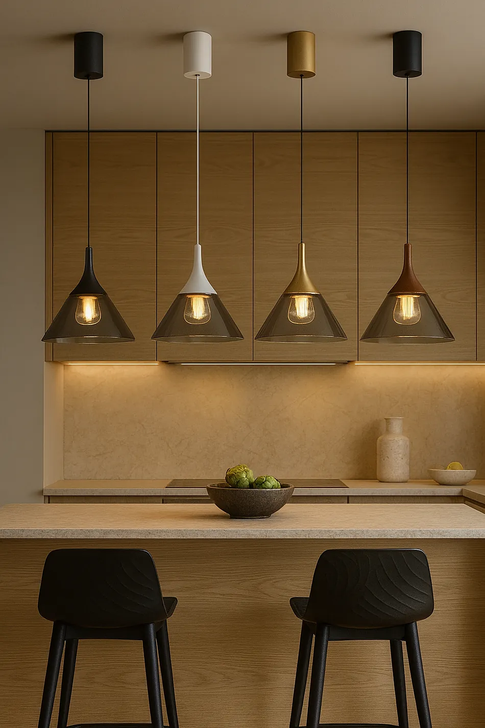 Cone pendants over a kitchen counter