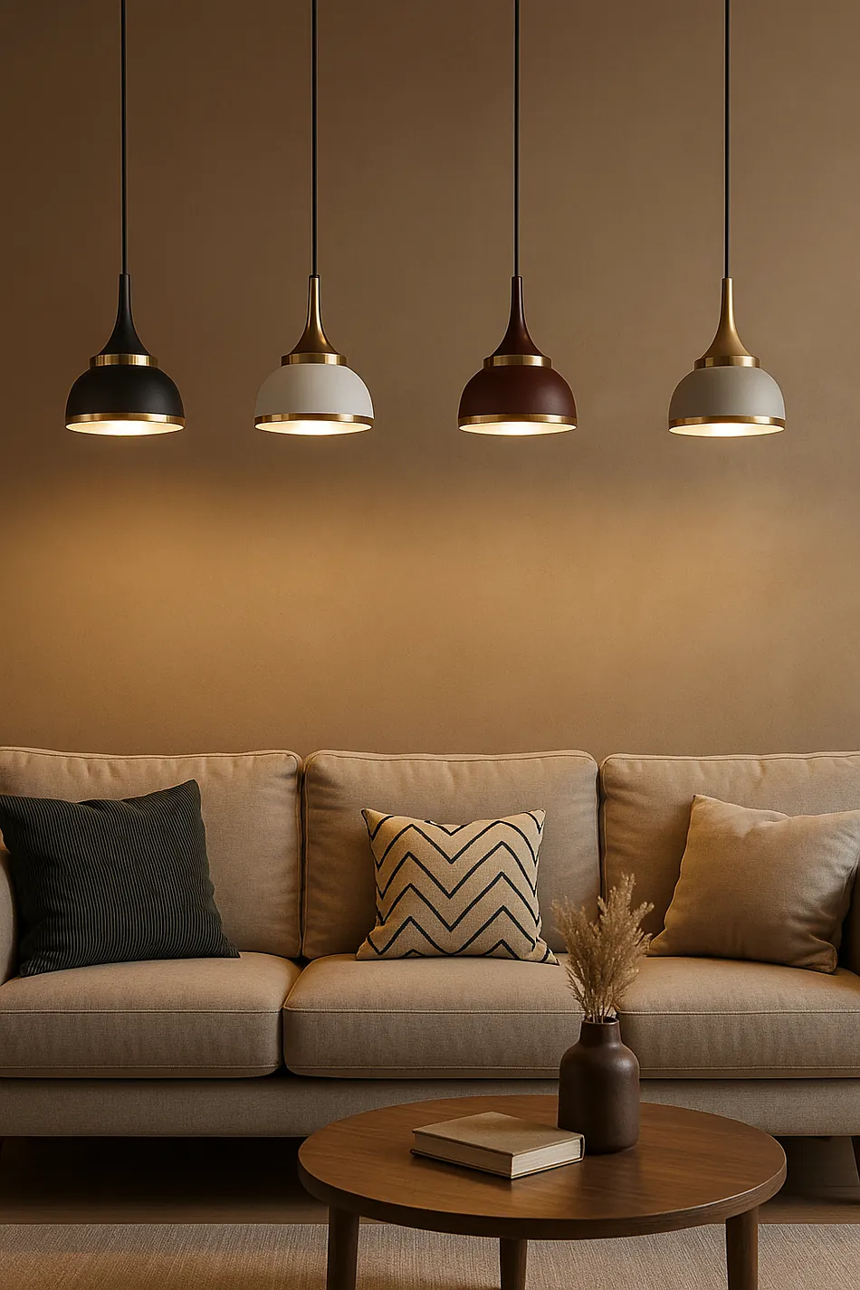 Dome pendants over a sofa in a warm living room