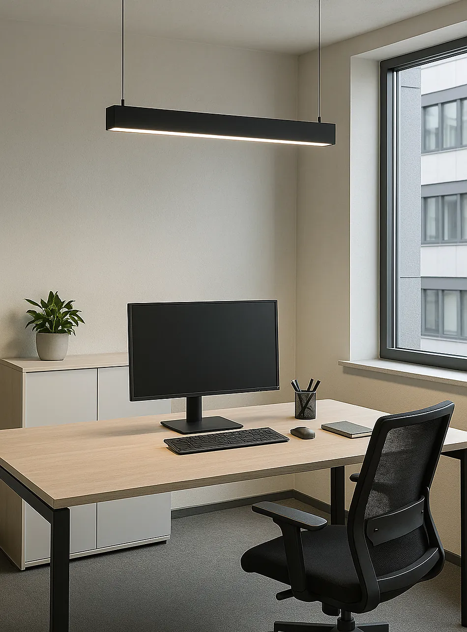 Linear LED profile above a desk in a daylit office